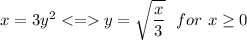 x=3y^2y=\sqrt{\dfrac{x}{3}} \ \ for \ x\geq 0