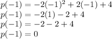 p(-1)= -2(-1)^2+2(-1)+4\\p(-1) = -2(1)-2+4\\p(-1) = -2-2+4\\p(-1) = 0