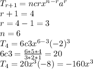 T_{r+1}=ncrx^{n-r}a^r\\r+1=4\\r=4-1=3\\n=6\\T_{4}=6c3 x^{6-3}(-2)^3\\6c3=\frac{6*5*4}{3*2*1} =20\\T_{4}=20x^3(-8)=-160 x^3