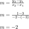 m=\frac{y_2-y_1}{x_2-x_1} \\\\m=\frac{1-3}{-2-(-3)} \\\\m=-2