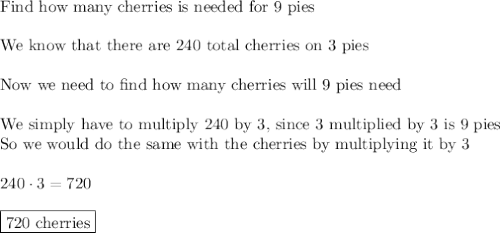 \text{Find how many cherries is needed for 9 pies}\\\\\text{We know that there are 240 total cherries on 3 pies}\\\\\text{Now we need to find how many cherries will 9 pies need}\\\\\text{We simply have to multiply 240 by 3, since 3 multiplied by 3 is 9 pies}\\\text{So we would do the same with the cherries by multiplying it by 3}\\\\240\cdot3=720\\\\\boxed{\text{720 cherries}}