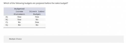 Which of the following budgets are prepared before the sales budget? Budgeted Income Statement Direc