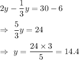 2y-\dfrac{1}{3}y=30-6\\\\\Rightarrow\ \dfrac{5}{3}y=24\\\\\Rightarrow\ y=\dfrac{24\times3}{5}=14.4