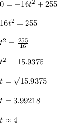 0=-16t^{2}+255\\\\16t^{2}=255\\\\t^{2}=\frac{255}{16}\\\\t^{2}=15.9375\\\\t=\sqrt{15.9375}\\\\t=3.99218\\\\t\approx 4