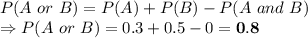 P(A\ or\ B) = P(A) +P(B) -P(A\ and\ B)\\\Rightarrow P(A\ or\ B) = 0.3 + 0.5 -0 = \bold{0.8}
