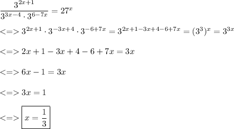 \dfrac{3^{2x+1}}{3^{3x-4}\cdot 3^{6-7x}}=27^x\\\\ 3^{2x+1}\cdot 3^{-3x+4}\cdot 3^{-6+7x}=3^{2x+1-3x+4-6+7x}=(3^3)^x=3^{3x}\\\\ 2x+1-3x+4-6+7x=3x\\\\ 6x-1=3x\\\\ 3x=1\\\\ \boxed{x=\dfrac{1}{3}}