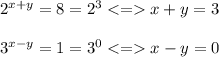 2^{x+y}=8=2^3 x+y=3\\\\3^{x-y}=1=3^0x-y=0