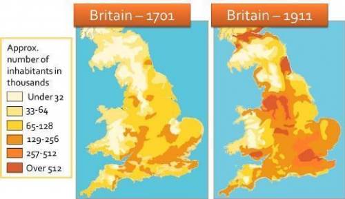 Based on the population density maps above, what can be inferred about Britain’s migration patterns?