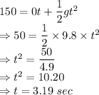 150=0 t+\dfrac{1}{2}gt^2\\\Rightarrow 50=\dfrac{1}{2}\times 9.8 \times t^2\\\Rightarrow t^2=\dfrac{50}{4.9 }\\\Rightarrow t^2=10.20\\\Rightarrow t = 3.19\ sec