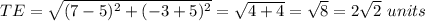 TE=\sqrt{(7-5)^2+(-3+5)^2}=\sqrt{4+4}=\sqrt{8}=2\sqrt{2}\ units