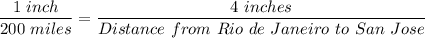 \dfrac{1 \ inch}{200 \ miles } = \dfrac{4 \ inches}{ Distance \ from \ Rio \ de \ Janeiro \ to \ San \ Jose}