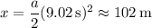 x=\dfrac a2(9.02\,\mathrm s)^2\approx102\,\mathrm m