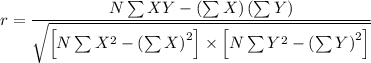 r = \dfrac{N\sum XY - \left (\sum X  \right )\left (\sum Y  \right )}{\sqrt{\left [N\sum X^{2} - \left (\sum X  \right )^{2} \right ]\times \left [N\sum Y^{2} - \left (\sum Y  \right )^{2} \right ]}}