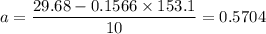 a = \dfrac{29.68 - 0.1566 \times 153.1}{10} = 0.5704