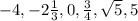 -4,-2\frac{1}{3} ,0, \frac{3}{4} ,\sqrt{5},5