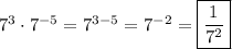 7^3\cdot 7^{-5}=7^{3-5}=7^{-2}=\boxed{\dfrac{1}{7^2}}