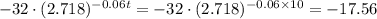 -32\cdot(2.718)^{-0.06t}=-32\cdot(2.718)^{-0.06\times 10}=-17.56