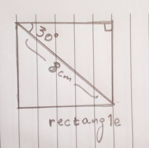 A diagonal of a rectangle is 8cm and forms an angle measuring 30 with one side. Find the area of the