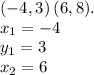 (-4,3)  \:  (6,8).  \\ x_1 =  - 4 \\ y_1 = 3  \\ x_2 = 6