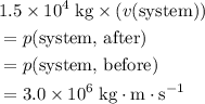 \begin{aligned}&1.5\times 10^{4}\; \rm kg \times (\mathnormal{v}(\text{system}))\\ &= p(\text{system, after}) \\&= p(\text{system, before}) \\ &= 3.0\times 10^{6}\; \rm kg \cdot m \cdot s^{-1}\end{aligned}