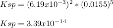 Ksp=(6.19x10^{-3})^2*(0.0155)^5\\\\Ksp=3.39x10^{-14}