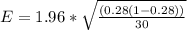 E =  1.96  *  \sqrt{\frac{ (0.28 (1 - 0.28 ))}{ 30} }