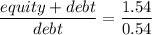 \dfrac{equity+debt}{debt}=\dfrac{1.54}{0.54}