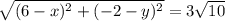 \sqrt{(6-x)^2+(-2-y)^2} = 3\sqrt{10}