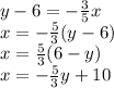 y-6=-\frac{3}{5} x\\x=-\frac{5}{3}(y-6)\\ x=\frac{5}{3} (6-y)\\x=-\frac{5}{3} y+10