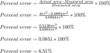 Percent\ error =\frac{Actual\ area-Measured\ area}{Measured \ area}*100\%\\ \\Percent\ error =\frac{4\pi r^2-3.6864\pi r^2}{3.6864\pi r^2}*100\%\\ \\Percent\ error =\frac{0.3136\pi r^2}{3.6864\pi r^2}*100\%\\ \\Percent\ error =0.0851*100\%\\\\Percent\ error =8.51\%