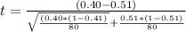 t  =    \frac{(0.40  - 0.51)}{\sqrt{\frac{(0.40 *(1-0.41)}{80} }  +  \frac{0.51*(1-0.51)}{80 } }