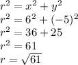 r^2 = x^2 + y^2\\r^2 = 6^2 + (-5)^2\\r^2 = 36+25\\r^2 = 61\\r = \sqrt{61}
