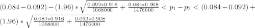 (0.084 - 0.092 )- (1.96)*  \sqrt{ \frac{0.092* 0.916 }{1068000} + \frac{0.084* 0.908 }{1476000} }