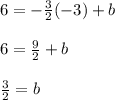 6=-\frac{3}{2}(-3)+b\\\\6=\frac{9}{2}+b\\\\\frac{3}{2}=b
