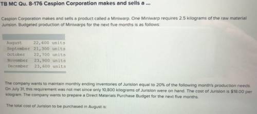 The total cost of Jurislon to be purchased in August is: Multiple Choice $1,839,600 $1,208,700 $1,01