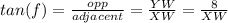 tan(f) = \frac{opp}{adjacent} = \frac{YW}{XW} = \frac{8}{XW}