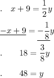 .\quad x+9=\dfrac{1}{2}y\\\\\underline{-x+9}=\underline{-\dfrac{1}{8}}y\\\\.\qquad 18=\dfrac{3}{8}y\\\\.\qquad 48=y
