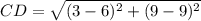CD=\sqrt{(3-6)^2+(9-9)^2}