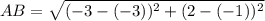 AB=\sqrt{(-3-(-3))^2+(2-(-1))^2}
