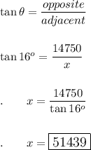 \tan \theta=\dfrac{opposite}{adjacent}\\\\\\\tan 16^o=\dfrac{14750}{x}\\\\\\.\qquad x=\dfrac{14750}{\tan 16^o}\\\\\\.\qquad x=\large\boxed{51439}