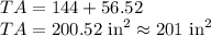 TA=144+56.52\\TA=200.52\text{ in}^2\approx201\text{ in}^2