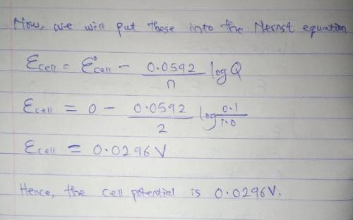 Calculate the cell potential, Ecell, of a concentration cell containing a 0.1 M solution of Zn2 and