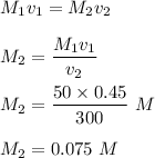 M_1v_1=M_2v_2\\\\M_2=\dfrac{M_1v_1}{v_2}\\\\M_2=\dfrac{50\times 0.45}{300}\ M\\\\M_2=0.075\ M