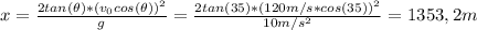 x = \frac{2tan(\theta)*(v_{0}cos(\theta))^{2}}{g} = \frac{2tan(35)*(120 m/s*cos(35))^{2}}{10 m/s^{2}} = 1353,2 m
