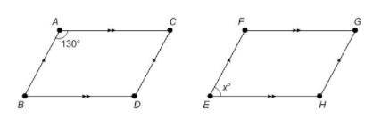 Given paralleogram ACDB≅parallelogram FGHE, what is the value of x? x = 40° x = 50° x = 65° x = 130°