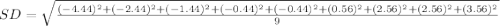 SD =\sqrt{ \frac{(-4.44)^2+(-2.44)^2+(-1.44)^2+(-0.44)^2+(-0.44)^2+(0.56)^2+(2.56)^2+(2.56)^2+(3.56)^2}{9}