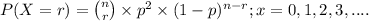 P(X = r) = \binom{n}{r}\times p^{2} \times (1-p)^{n-r}; x= 0,1,2,3,....