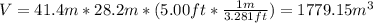 V=41.4m*28.2m*(5.00ft*\frac{1m}{3.281ft} )=1779.15m^3