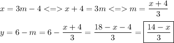 x=3m-4x+4=3mm=\dfrac{x+4}{3} \\ \\y=6-m=6-\dfrac{x+4}{3}=\dfrac{18-x-4}{3}=\boxed{\dfrac{14-x}{3}}