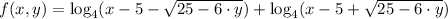 f(x,y) = \log_{4} (x-5-\sqrt{25-6\cdot y})+\log_{4} (x-5+\sqrt{25-6\cdot y})
